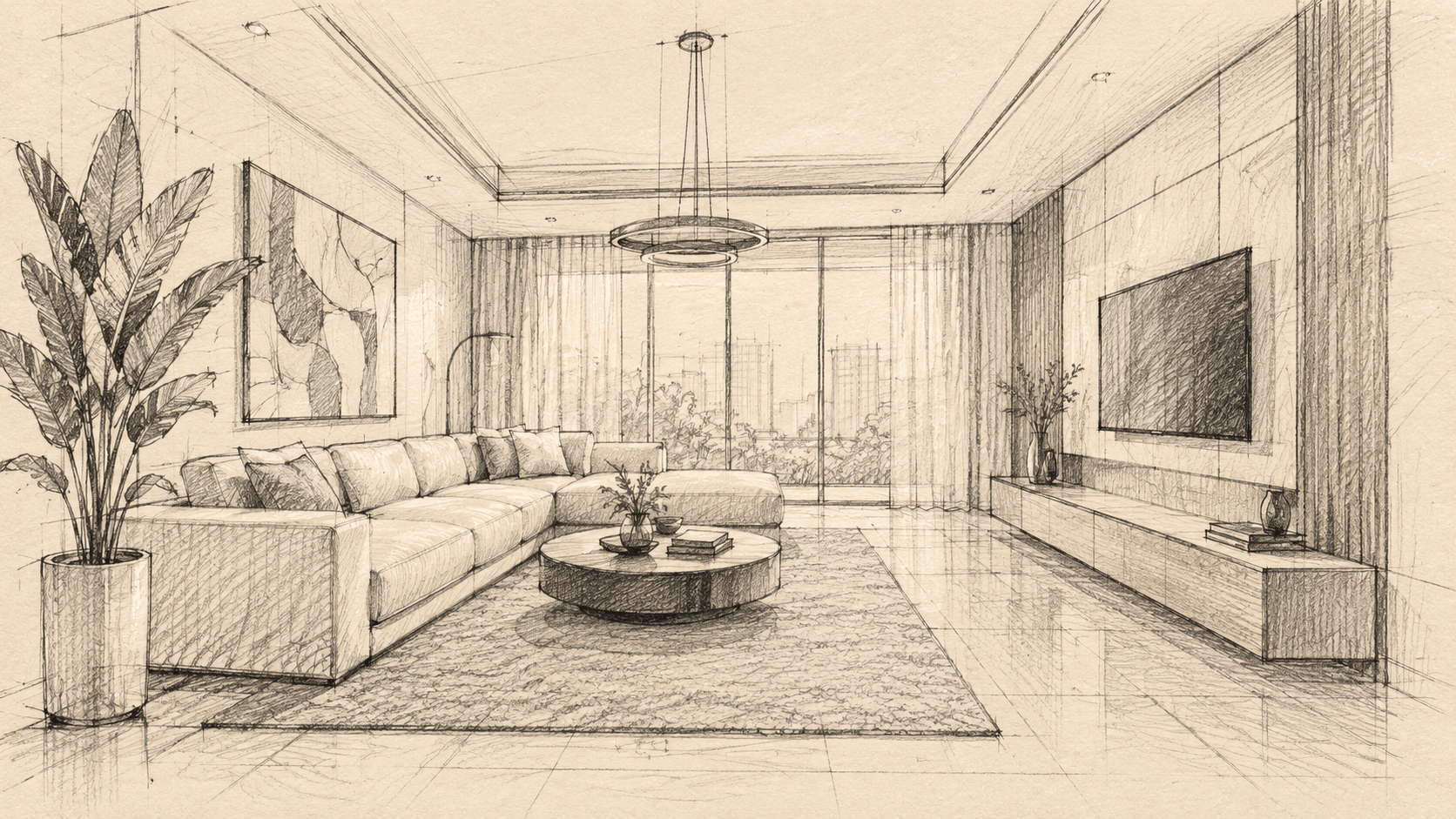 Architectural graphite sketch of luxury living room
