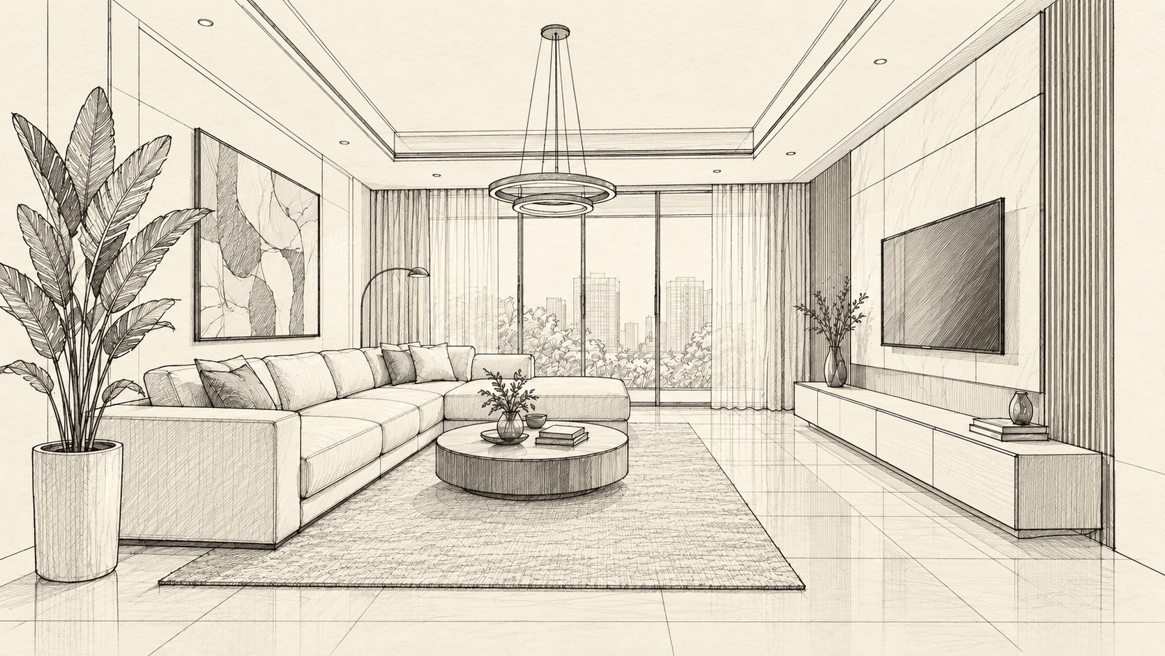Monochrome volumetric interior sketch and spatial study