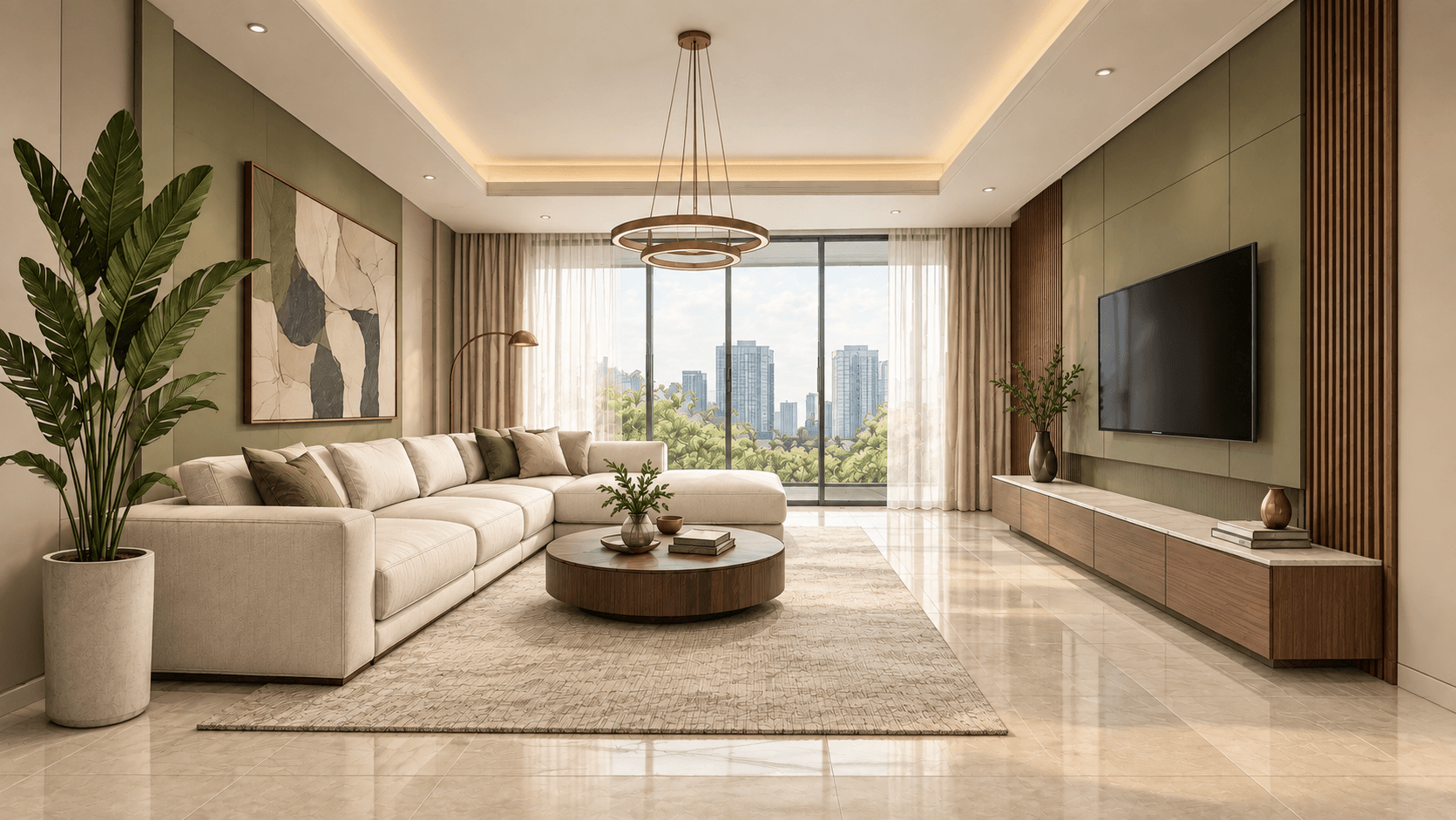 Warm modern living room conceptual lighting and skyline view simulation